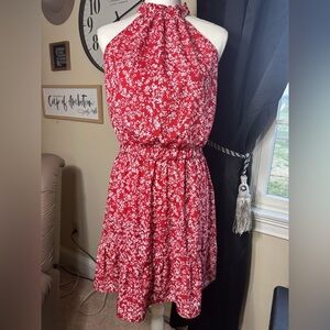 NWOT Floral Red and‎ White Mini Dress cut out shoulders size medium